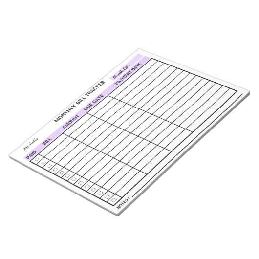 Bloc-note Ajouter votre nom Monthly Bill Tracker Personnalis (Incliné)