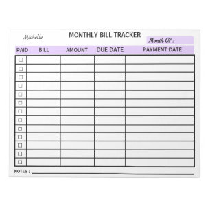 Bloc-note Ajouter votre nom Monthly Bill Tracker Personnalis