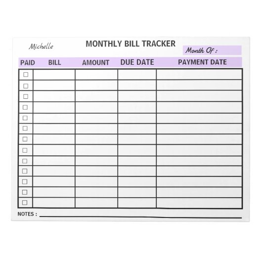 Bloc-note Ajouter votre nom Monthly Bill Tracker Personnalis (Devant)