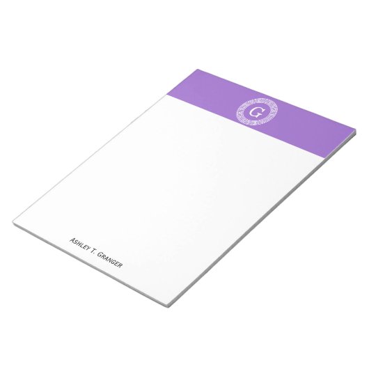 Bloc-note Améthyste Wht Cadre Rnd Clé Grecque Monogramme Ini (Incliné)