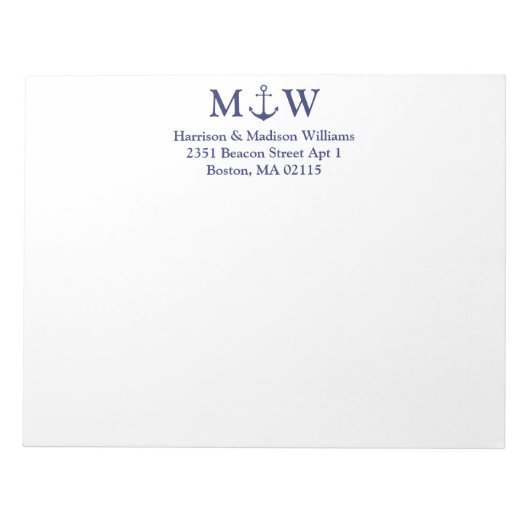 Bloc-note Ancrage nautique bleu marine couple monogramme ini (Devant)