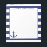 Bloc-note Ancre nautique Bandes marines personnalisées 5,5 x<br><div class="desc">Personnalisez ces notes à thème nautique avec votre propre texte. Le design comprend un dessin d'ancrage et de corde avec une bordure rayée bleu marine.</div>