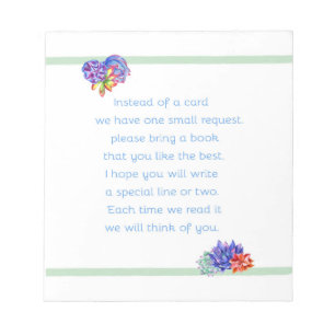 Bloc-note Apportez un livre Succulent Baby shower