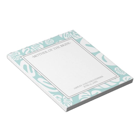 Bloc-note Aqua Bleu Blanc Tropical Feuilles Mère de Mariée (Incliné)