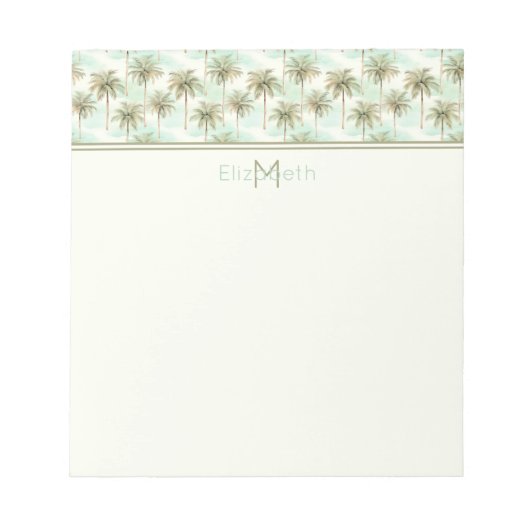 Bloc-note Aqua et Crème Palmier Tropical Monogramme (Devant)