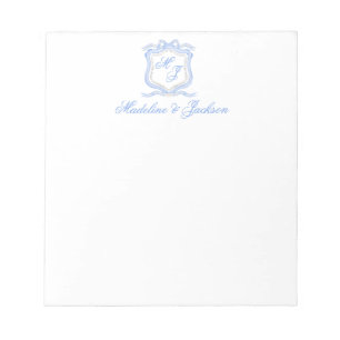 Bloc-note Aquarelle Designer Blue Monogram Crest Mariage