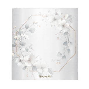 Bloc-note Aquarelle Fleurs blanches Cadre doré Argent Turquo