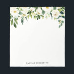 Bloc-note Aquarelle Fleurs de printemps blanches Nom personn<br><div class="desc">Aquarelle Fleurs de ressort blanc Bloc-notes personnalisé | Un bloc-notes élégant et capricieux avec des fleurs blanches et du feuillage. Ce sera un accent féminin parfait pour votre bureau.</div>