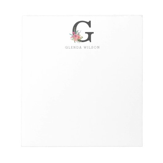 Bloc-note Aquarelle florale de fille Boho Rose Monogramme (Devant)
