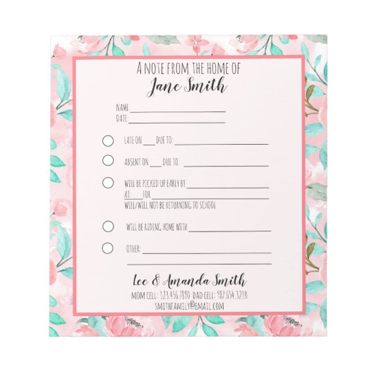 Bloc-note Aquarelle Florale Note de l'école Excusez 1 enfant (Devant)