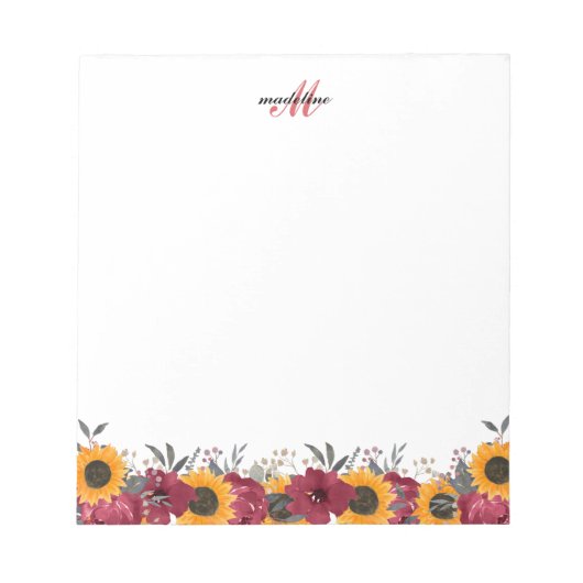 Bloc-note Aquarelle Florale Tournesol Bourgogne Note Monogra (Devant)