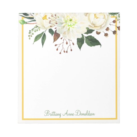 Bloc-note Aquarelle or blanc Nom floral Personnaliser (Devant)