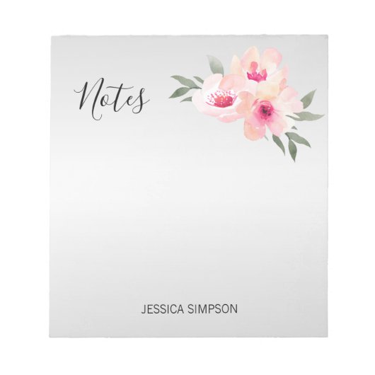 Bloc-note Aquarelle Peinte Florale rose Fleurs Gris Notes (Devant)