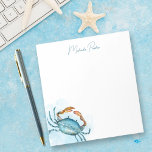 Bloc-note Aquarelle personnalisée Papeterie de crabe bleu<br><div class="desc">Ce superbe bloc-notes personnalisé à thème côtier est doté d'un crabe bleu aquarelle sur une vague d'océan,  avec un modèle de texte de script d'écriture manuscrite élégant.</div>