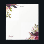 Bloc-note Aquarelle Purple Boho Floral Automne Personnalisé<br><div class="desc">Un bloc-notes d'inspiration bohème avec des illustrations aquarelles de roses violettes,  rouges et roses et des pivoines avec accent plumes. Ce bloc-notes fleuri est parfait pour un usage personnel.</div>