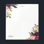 Bloc-note Aquarelle Purple Boho Floral Automne Personnalisé<br><div class="desc">Un bloc-notes d'inspiration bohème avec des illustrations aquarelles de roses violettes,  rouges et roses et des pivoines avec accent plumes. Ce bloc-notes fleuri est parfait pour un usage personnel.</div>
