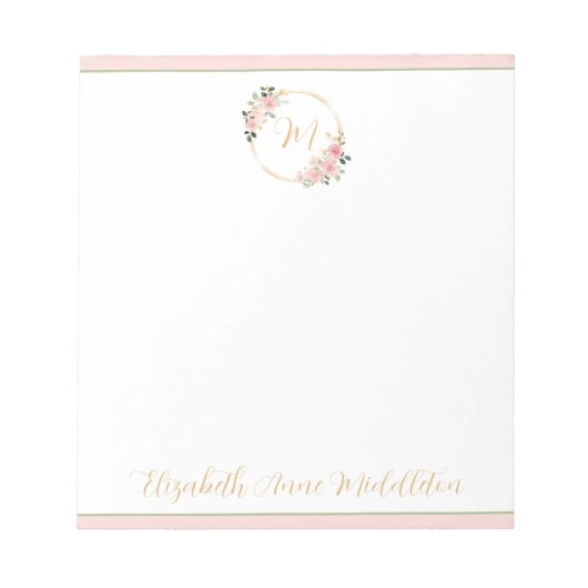 Bloc-note Aquarelle rose et verte Monogramme de couronne flo (Devant)