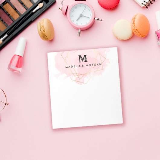 Bloc-note Aquarelle rose Faux or Monogramme géométrique