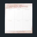 Bloc-note Aquarelle rose moderne or planificateur hebdomadai<br><div class="desc">Elégant et moderne planificateur hebdomadaire. Il y a 6 boîtes sur le bloc-notes pour noter votre horaire et votre plan pour chaque jour de la semaine. L'arrière - plan est dans une jolie aquarelle rose ombragée avec une fausse parties scintillant dorée. Customisez ce produit en ajoutant votre nom au bas....</div>
