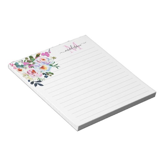 Bloc-note Aquarelle rose rose rose Fille Monogramme (Incliné)