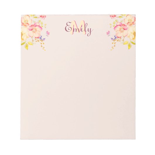 Bloc-note Aquarelle rose Roses jaunes sur noir, Monogramme (Devant)