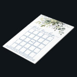 Bloc-note Aquarelle verte Dusty Blue Fête des mariées Bingo<br><div class="desc">Elégant Aquarelle moderne Botanical Greenery Fête des mariées Feuilles de Bingo Notepad comprend des feuilles d'eucalyptus,  feuillage botanique vert,  feuilles bleus poussiéreux et d'autres belles plantes botaniques. Script de calligraphie branché. Bleu roux.</div>
