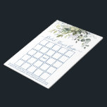 Bloc-note Aquarelle verte Dusty Blue Fête des mariées Bingo<br><div class="desc">Elégant Aquarelle moderne Botanical Greenery Fête des mariées Feuilles de Bingo Notepad comprend des feuilles d'eucalyptus,  feuillage botanique vert,  feuilles bleus poussiéreux et d'autres belles plantes botaniques. Script de calligraphie branché. Bleu roux.</div>