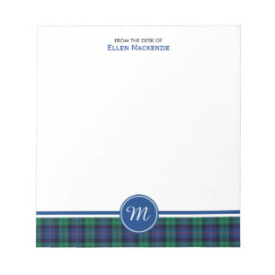 Bloc-note Armstrong Family Tartan bleu et vert Monogramme