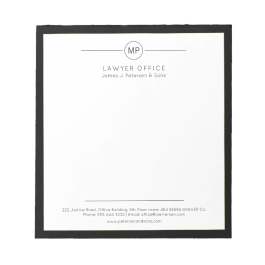 Bloc-note Avocat en monogramme noir et blanc du bureau moder (Devant)