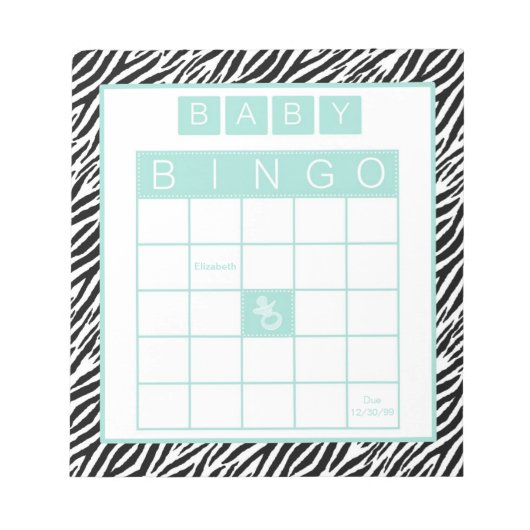 Bloc-note Baby shower Bingo Jeu Chic Aqua Mint Zebra (Devant)