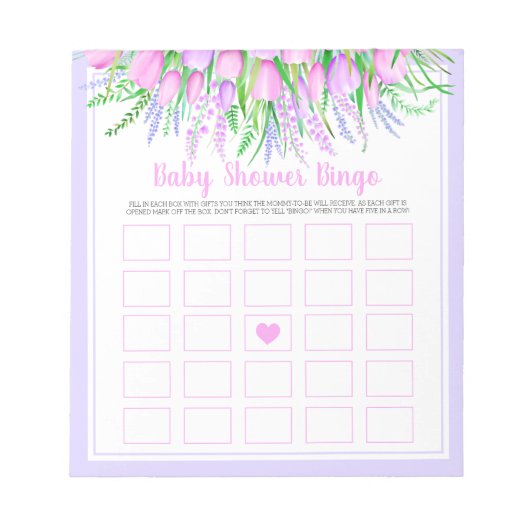 Bloc-note Baby shower Bingo Jeu Floral Lavender Tulips rose (Devant)