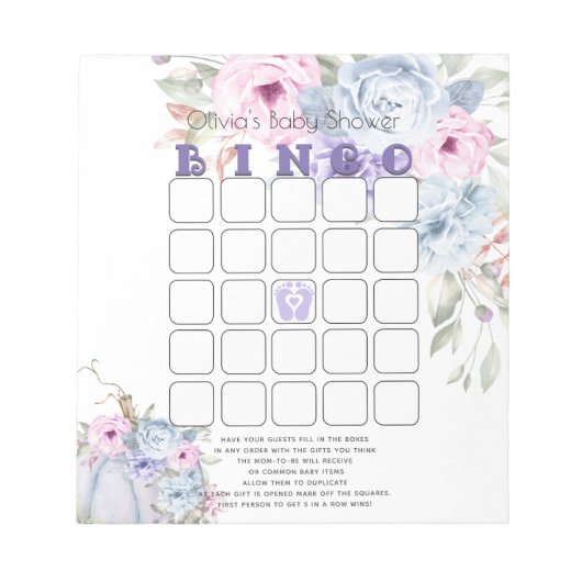 Bloc-note Baby shower Bingo Lilac Blue Citrouille Peony Flor (Devant)