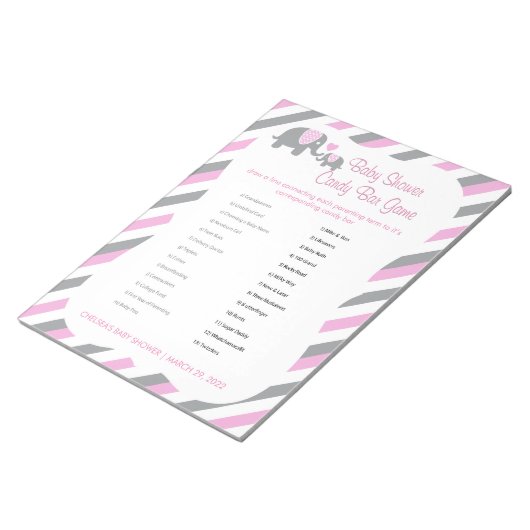 Bloc-note Baby shower Eléphant rose, blanc et gris - Jeu 2 (Incliné)