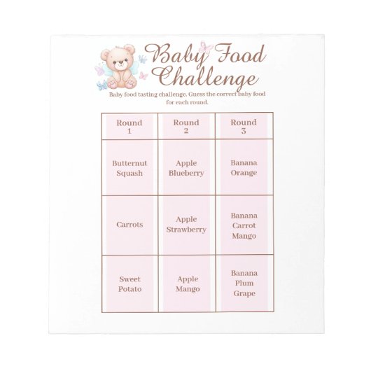 Bloc-note Baby shower Food Challenge Activité de jeu Bloc-no (Devant)