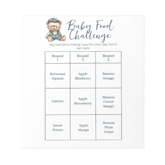 Bloc-note Baby shower Food Challenge Activité de jeu Bloc-no (Devant)