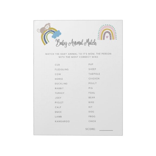 Bloc-note Baby shower Jeu Bébé Animal Match Genre Neutre (Tourné)