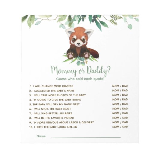 Bloc-note Baby shower Jeu Devine Qui Panda Rouge Ours (Devant)