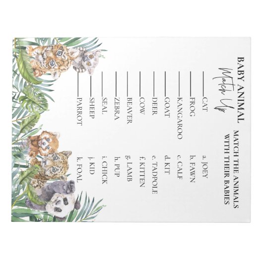 Bloc-note Baby shower Jungle Tropical Match Up Jeu (Devant)