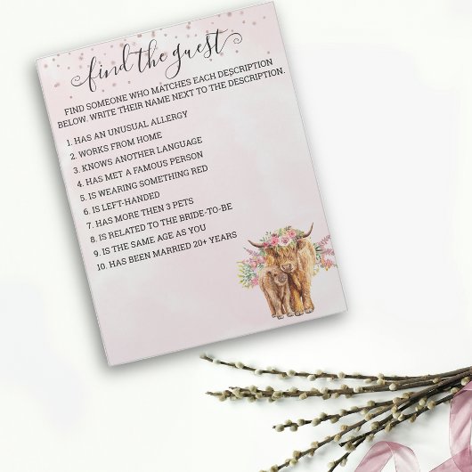 Bloc-note Baby shower Rose Highland vache Jeu Trouver invité