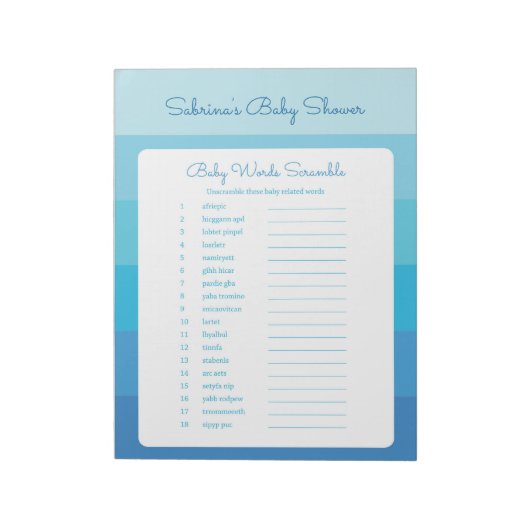 Bloc-note Baby shower Word Scramble Blue Stripes (Tourné)