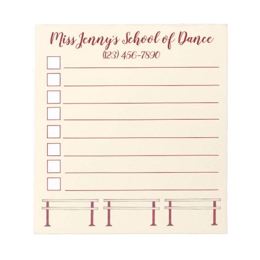 Bloc-note Ballet Barre Dance Studio Professeur personnalisé (Devant)