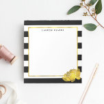 Bloc-note Bande noire et pivoine d'or Faux Personnalisée<br><div class="desc">Ce bloc-notes présente des rayures noires et blanches audacieuses avec une fleur de pivoine brillante à l'effet faux or. Coordonne avec nos accessoires de bureau Black Stripe & Gold Peony,  produits en papier et accessoires. Customisez avec un monogramme,  un nom ou un texte de votre choix !</div>