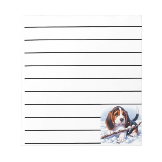 Bloc-note Basset chiot jouant avec une bâche dans la neige h (Devant)