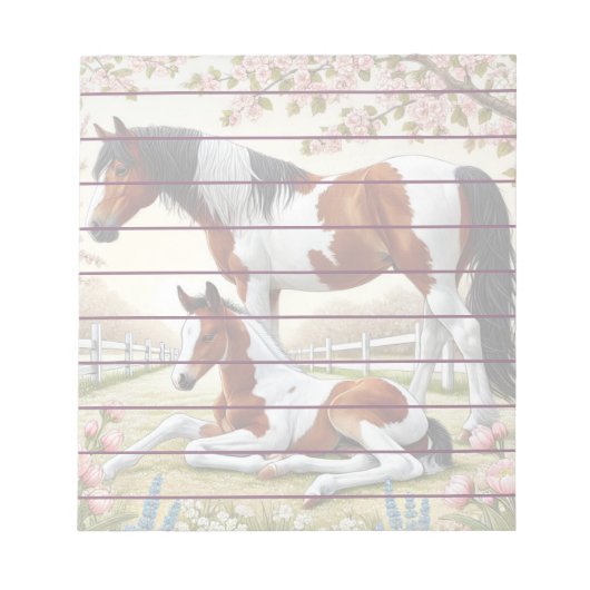 Bloc-note Beau cheval et poulain dans un verger en fleurs (Devant)
