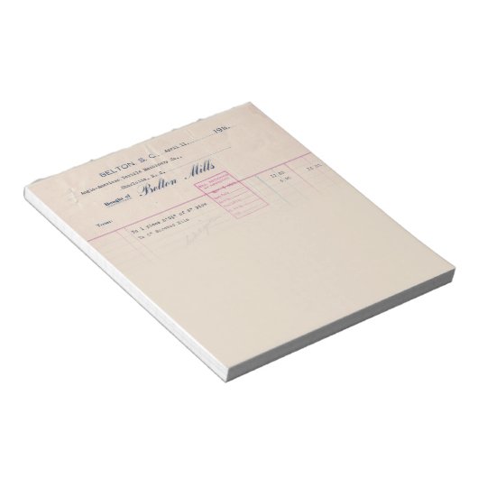 Bloc-note Belton Mills Belton, SC Receipt Notepad (Incliné)