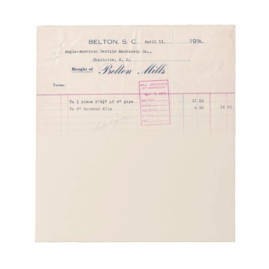 Bloc-note Belton Mills Belton, SC Receipt Notepad (Devant)