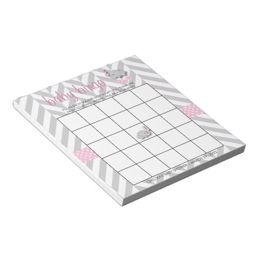 Bloc-note Bingo de Baby shower Eléphant rose et gris (Incliné)