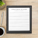 Bloc-note Blanc noir laqué professionnel | Titre du nom<br><div class="desc">Un bloc-notes professionnel avec un design minimaliste dans une palette de couleurs noir et blanc avec des accents gris clair. Nom et titre personnalisés, rôle ou texte personnalisé présentés sur un simple arrière - plan blanc encadré par une bordure noire. Personnalisez-vous en utilisant les champs fournis ou utilisez le bouton...</div>