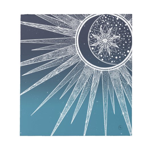 Bloc-note Blanc Sun Moon Mandala Blue Gradient Design (Devant)