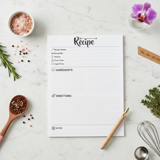 Bloc-note Blank Recipe Pages / Papers | Refill Minimalist